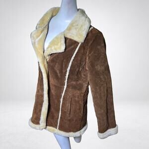 Vintage Leather Womens Suede Shearling Jacket Coat Size XL Brown Button